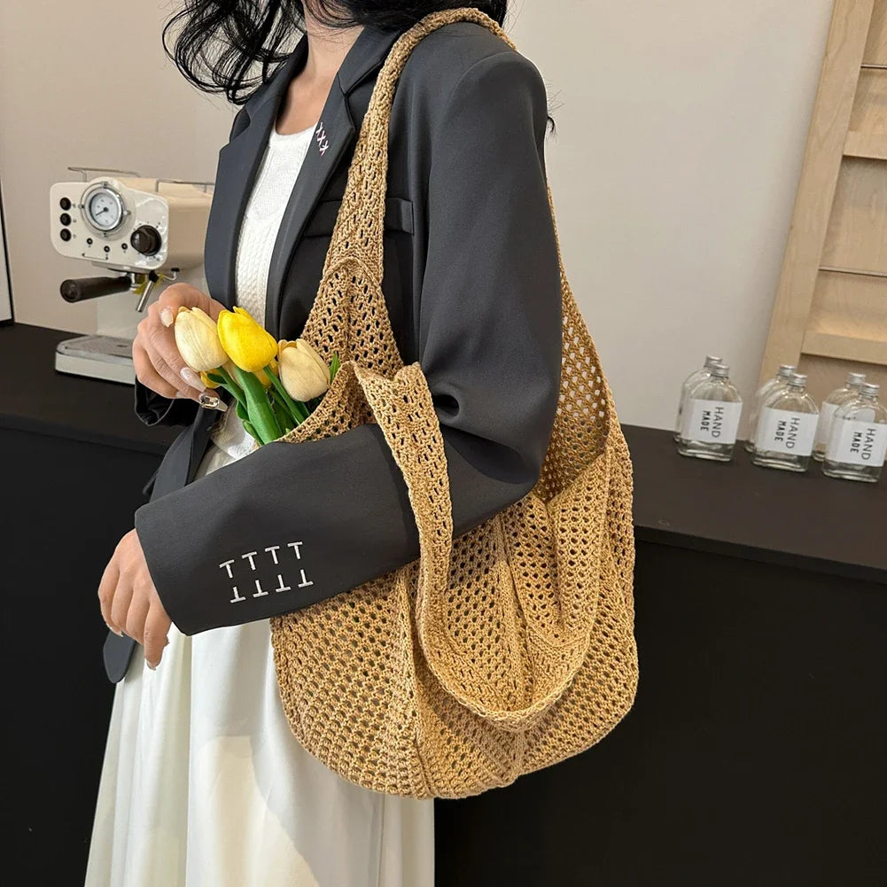 Women Straw Woven Beach Tote Bag Crochet Shoulder Handbag TAVEN System LLC