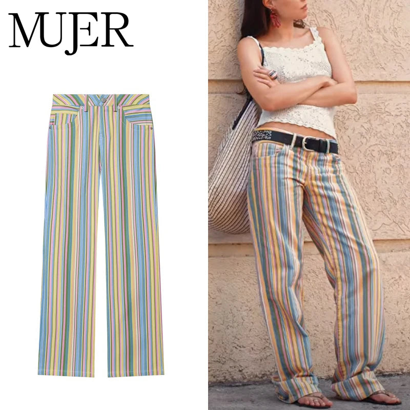 MUJER Striped Women's Jeans Pants Low Rise Baggy Pants Jeans Women Fashion Summer Denim Trousers Women Wide Leg Pants for Women TAVEN System LLC