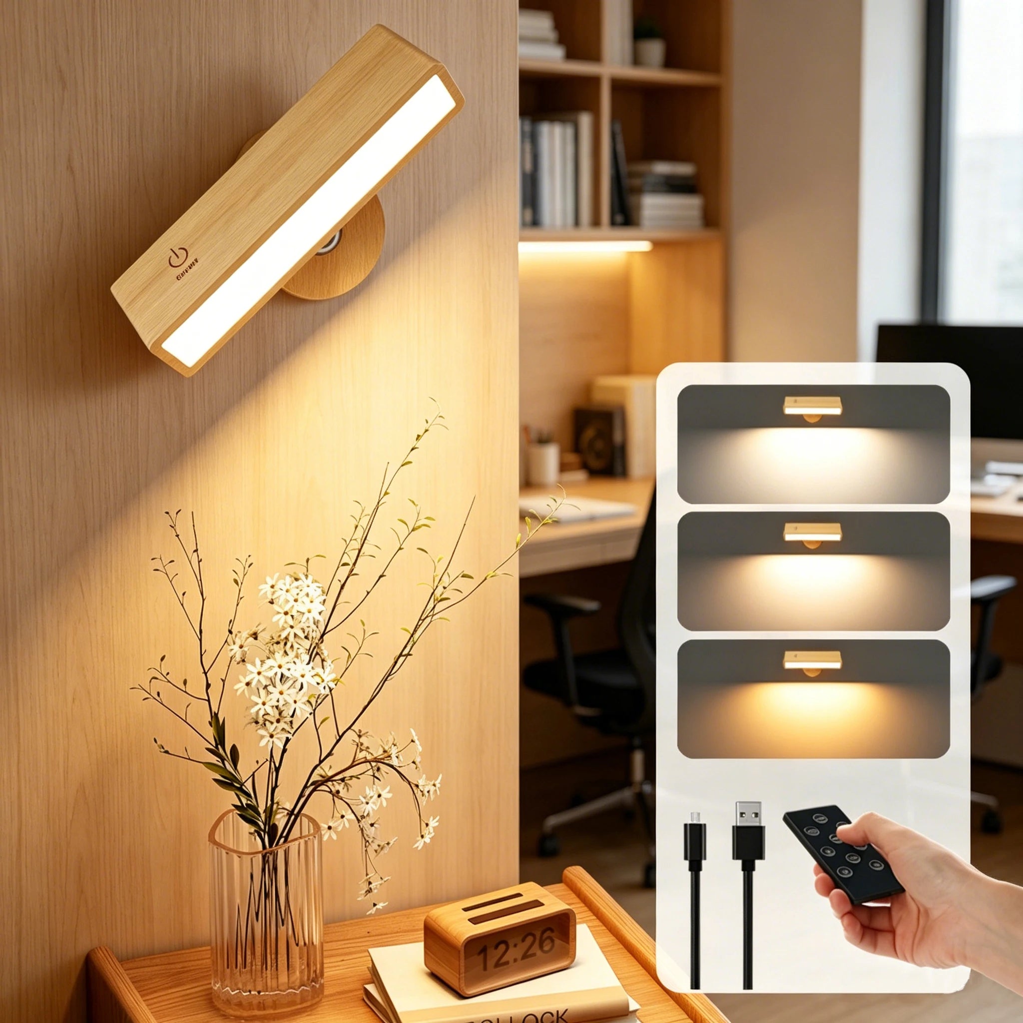 360° Rotatable Solid Beech Wood LED Wall Lamp with Remote Control, 3 Color Modes Type-C Rechargeable Magnetic Wall Sconce, Portable Dimmable Reading Light for Bedside Mirror Bathroom TAVEN System LLC