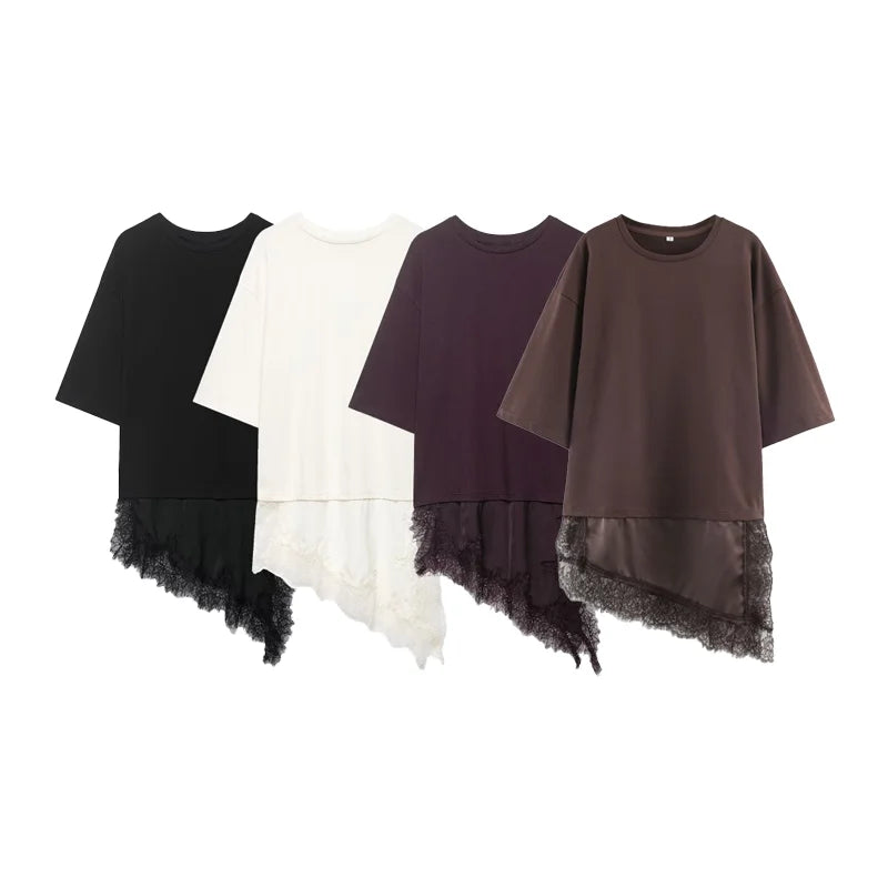 Women Asymmetric Lace Trim T-Shirt Loose Casual Summer Half Sleeve TAVEN System LLC