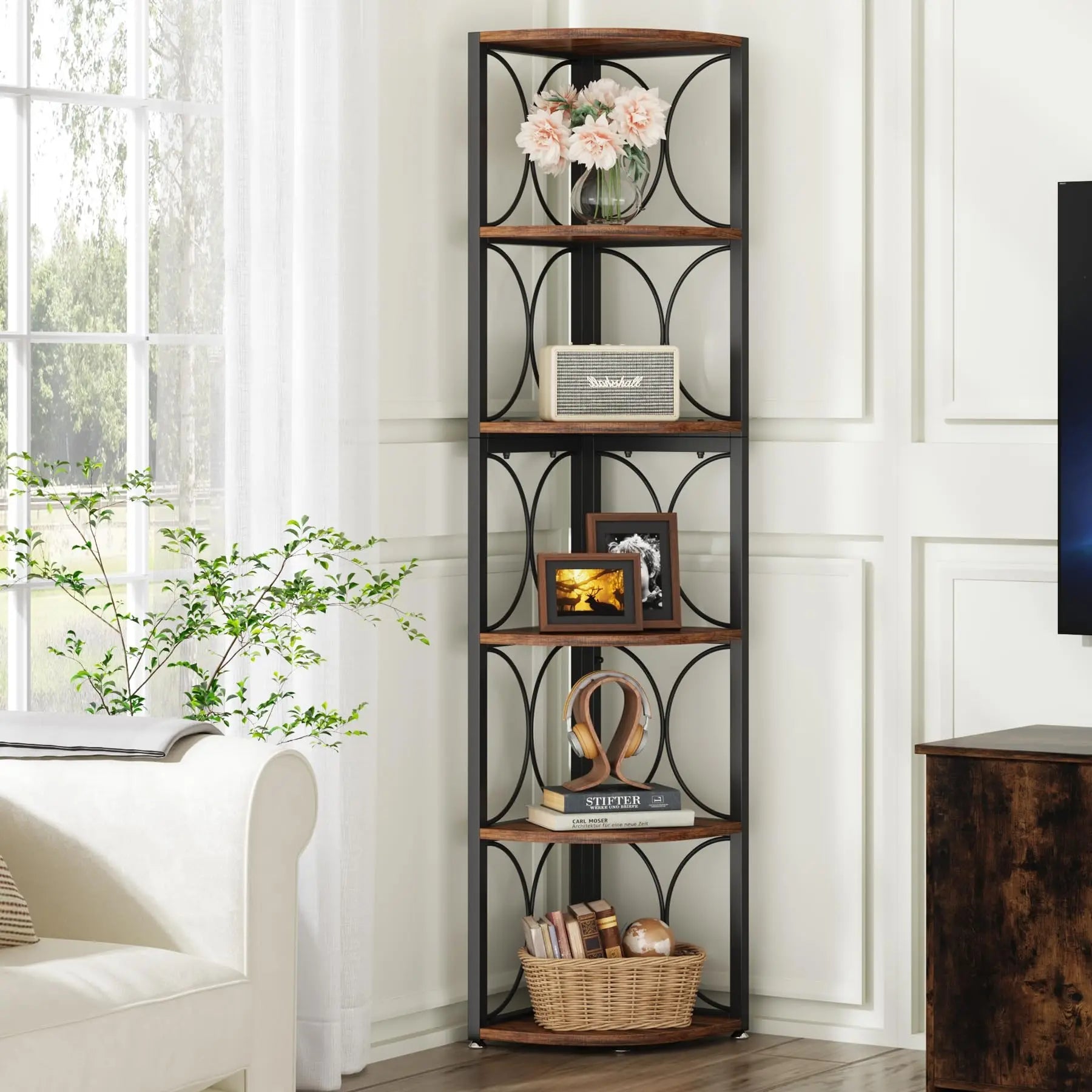 Tribesigns 67 Inch 6 Tier Corner Bookshelf Storage Rack Rustic TAVEN System LLC