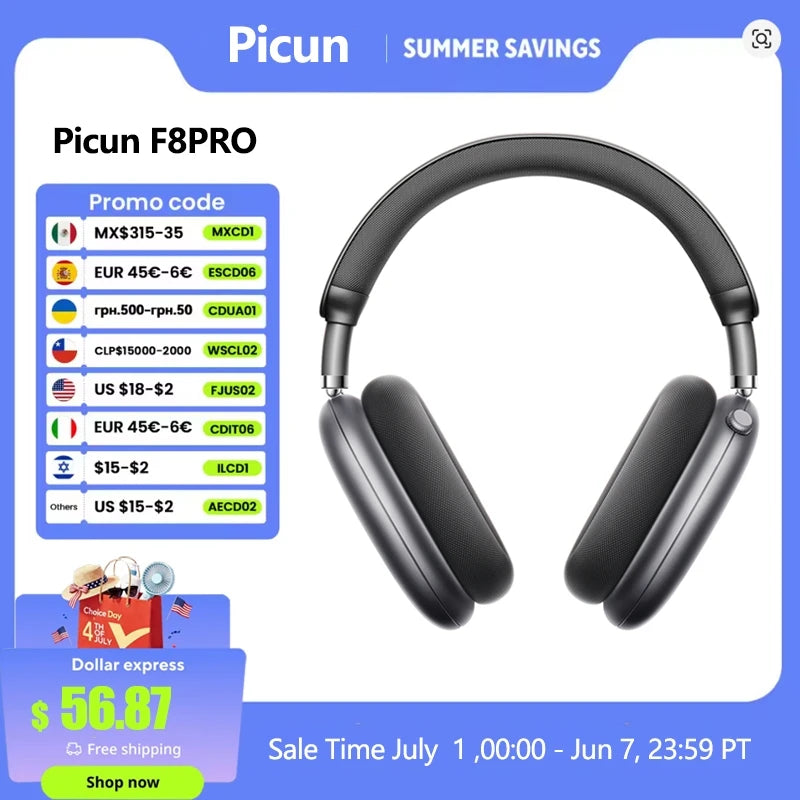 Picun F8 Pro ANC Wireless Headphones Head Tracking 3D Spatial Audio -52dB ANC HIFI Bluetooth Headset ENC HD Mic Low-Latency APP TAVEN System LLC