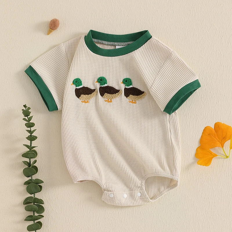 Baby Duck Embroidered Short Sleeve Unisex Cotton Romper Outfit