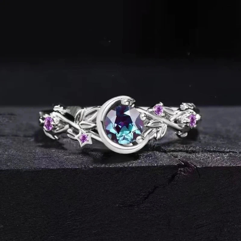 Creative personality moon stars and flowers colored zircon crystal ring, fashion chic women's jewelry TAVEN System LLC