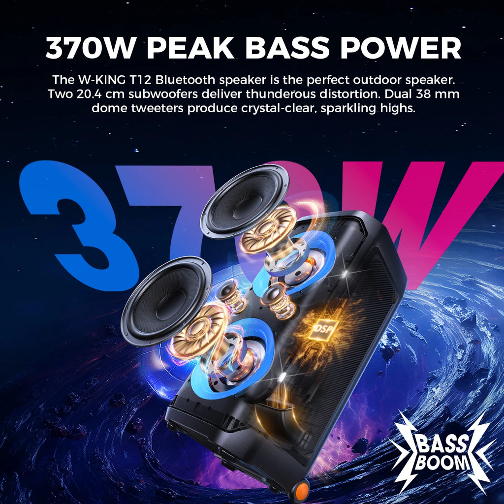 W-KING T12 Tragbare Bluetooth-Lautsprecher-Box mit 370W MAX Pro Sound, Lichtshow, CSB, Bass Boost, Rollen und Teleskopgriff TAVEN System LLC