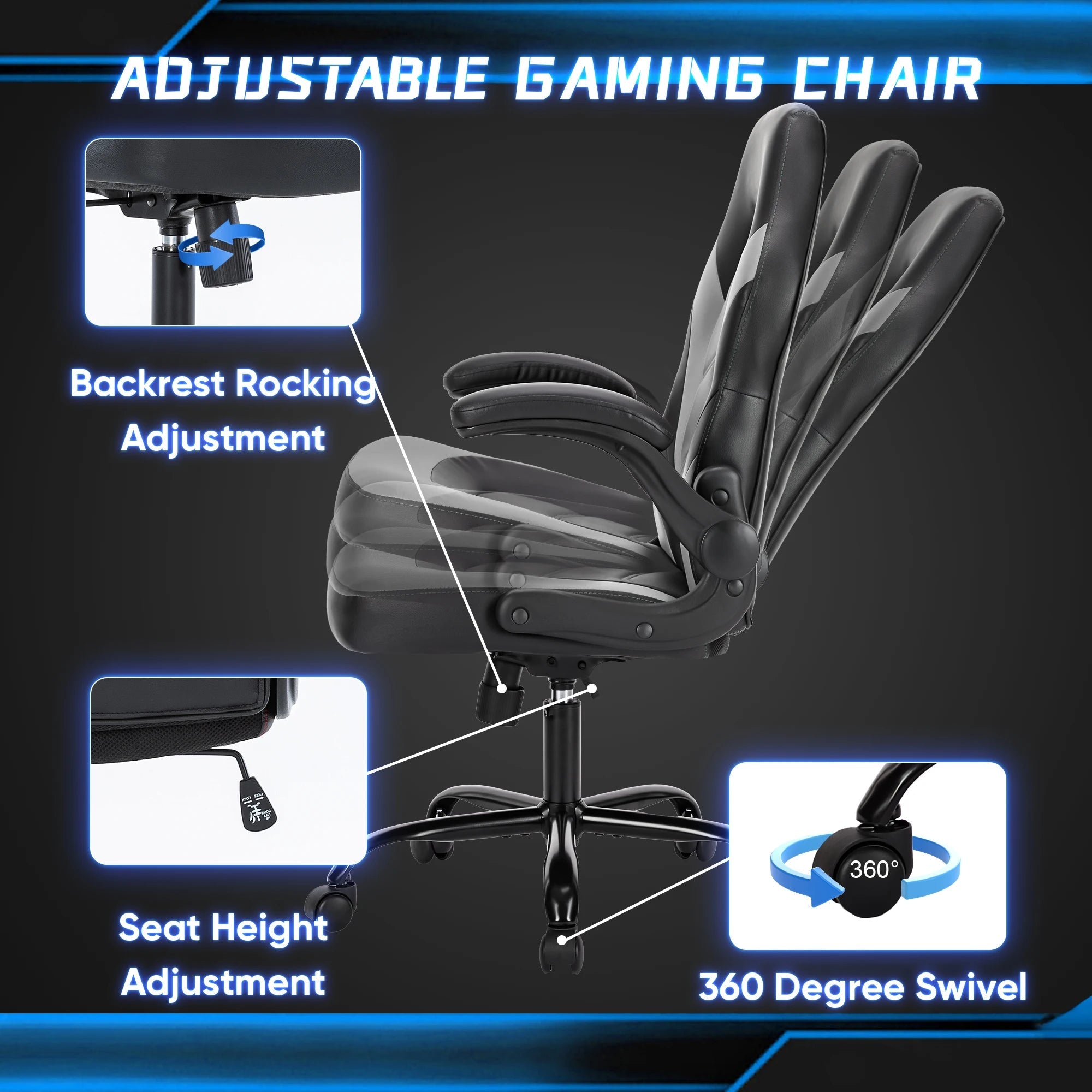 JHK Ergonomic PU Leather Gaming Office Chair with Flip-Up Arms TAVEN System LLC