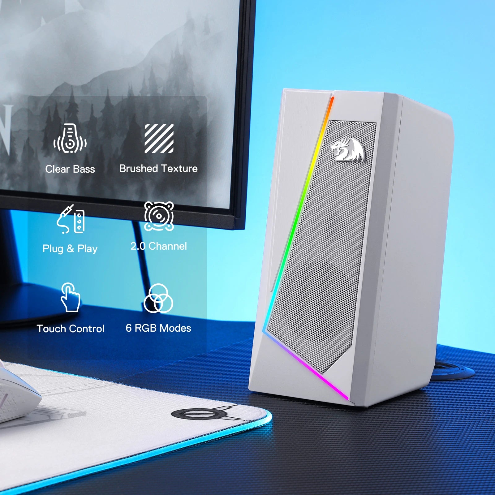 Redragon GS520 RGB Desktop Speakers, 2.0 Channel PC Stereo Speaker with 6 Colorful LED Modes, Enhanced Sound, White/Pink TAVEN System LLC