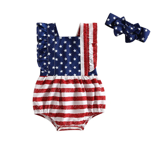 Baby Girl 4th of July Ruffle Romper with Matching Headband