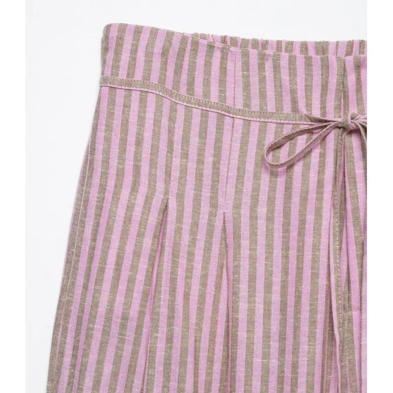 Women's Striped Pants 2026 New Summer Mid-waist Lace Up Pleats Casual Female Fashion Vintage Wide-leg Pants TAVEN System LLC