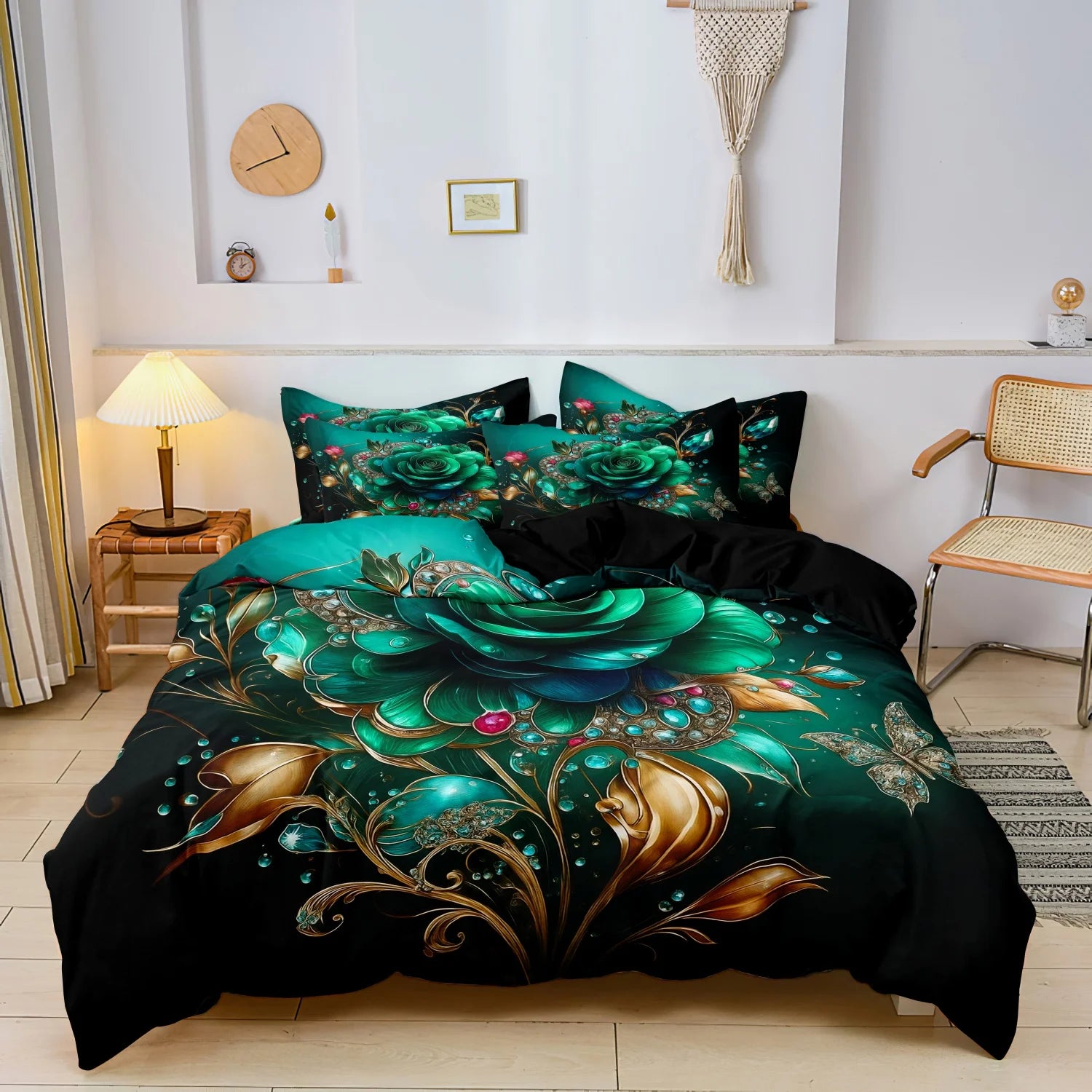 3Pcs Emerald Green & Golden Floral Rose Bedding Set - Luxury Vintage Floral Print Duvet Cover With 1*Duvet Cover + 2* Pillowcase TAVEN System LLC