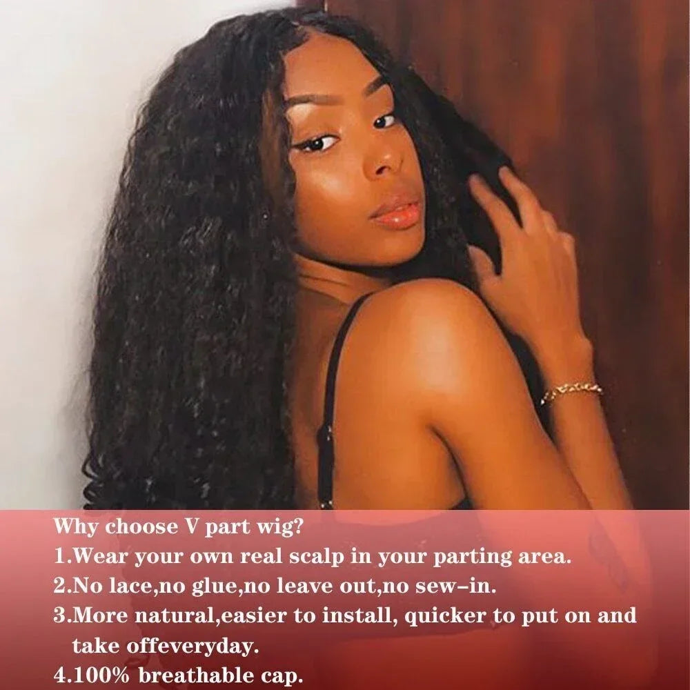 Afro Kinky Straight V Part Synthetic Glueless Wig for Women