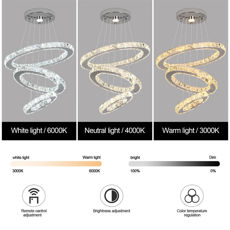 Modern Crystal Rings Led Chandelier Indoor Luxury Ceiling Lamp Dimming And Remote Control Pendan Lighting Chrome Lustre Fixtures TAVEN System LLC