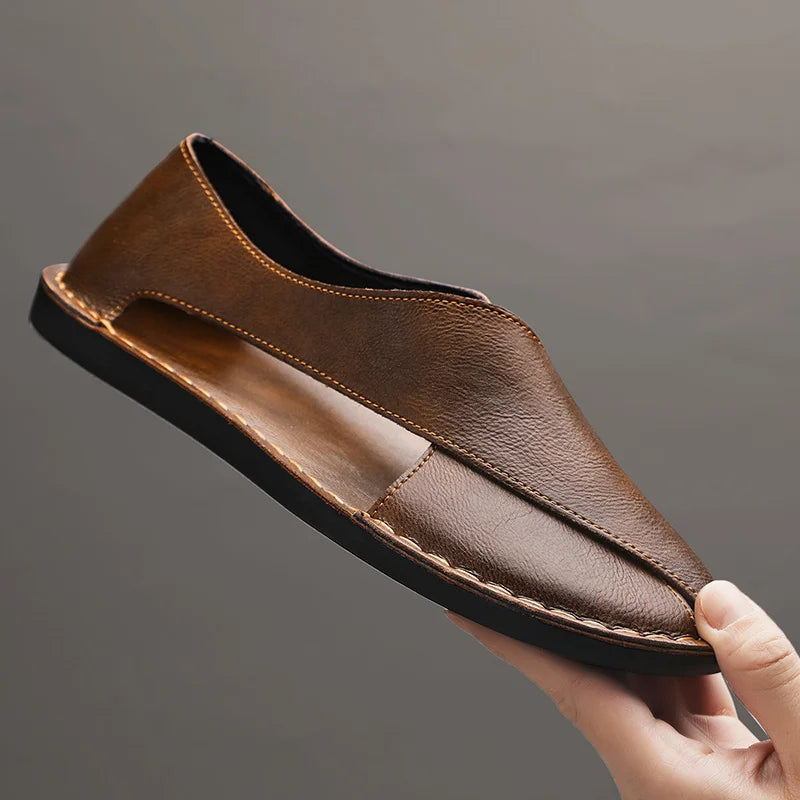 Summer Men's Sandals Handmade Leather Casual Shoes Comfortable Slip-On Beach Shoes Breathable Sandals Loafers Wading Aqua Shoes TAVEN System LLC