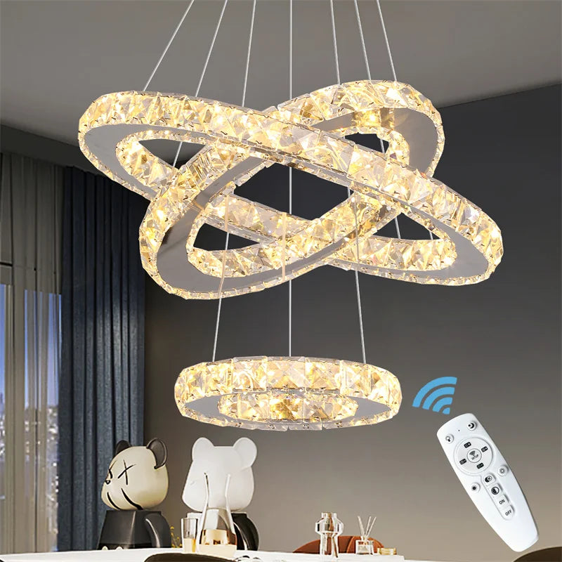 Modern Crystal Rings Led Chandelier Indoor Luxury Ceiling Lamp Dimming And Remote Control Pendan Lighting Chrome Lustre Fixtures TAVEN System LLC