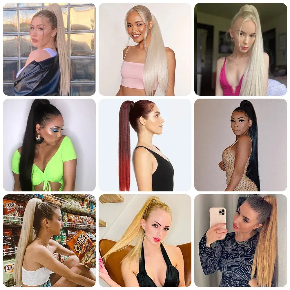Color: T1B/350, Stretched Length: 34inches - AZQUEEN Straight Synthetic Hairpiece With Ponytail 85cm Super Long Wrap Around Clip In Hair Extensions Pony Tail For Daily Wear Taven