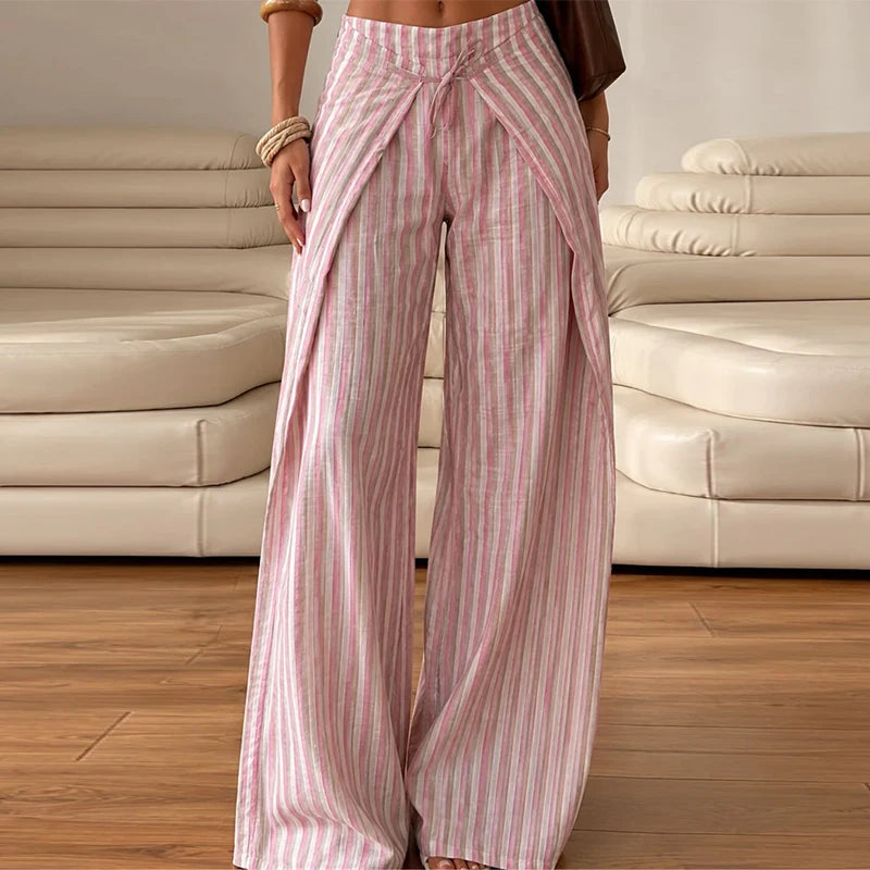 Casual Striped Women's Trouser Lace-Up Adjust Belt High Waist Wide Leg Pants 2026 Summer Autumn Fashion Female Street Trousers TAVEN System LLC