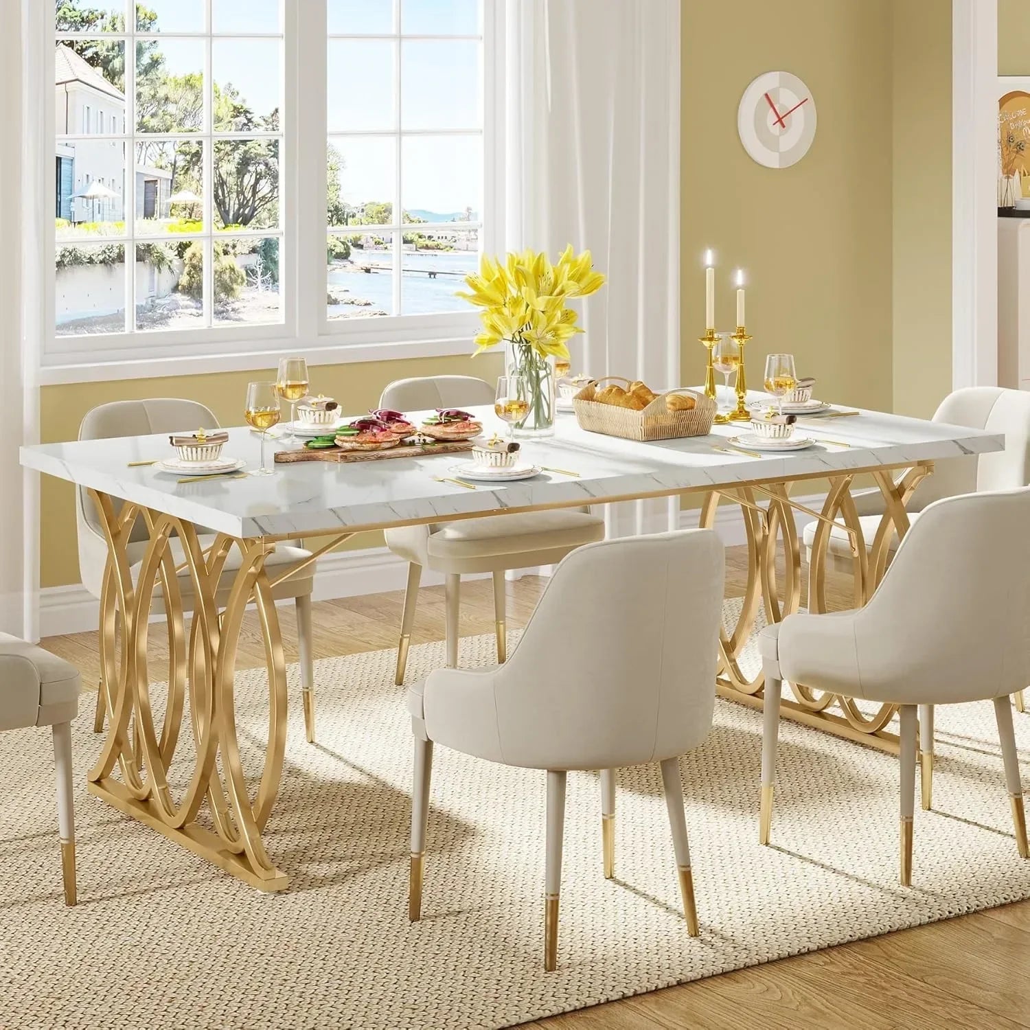Modern Faux Marble Dining Table with Gold Metal Base 63 Inch TAVEN System LLC