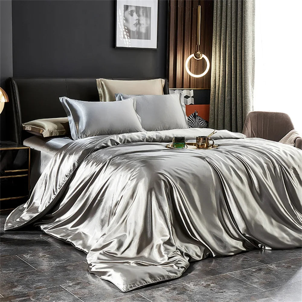 Solid Silk Bedding Set with Duvet Cover Bed Sheet Pillowcases Luxury Satin Single Double Bedsheet King Queen Twin Size TAVEN System LLC
