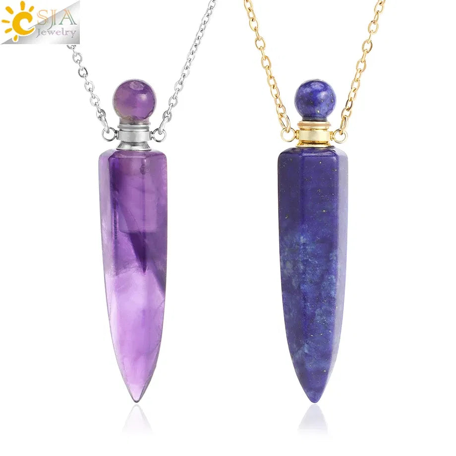 Metal color: Antique Bronze Plated - CSJA Crystal Perfume Bottle Women Necklace Natural Stone Hexagonal Cone Pendant Reiki Oil Diffuser Necklaces Christmas Gift H358 Taven