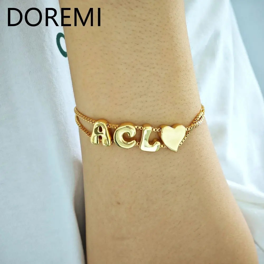 DOREMI Plain Letters Bubble Fat Initial Letter Name Bracelet Slide Beads Women Gold Bubble Custom Letter Bracelet Gift TAVEN System LLC
