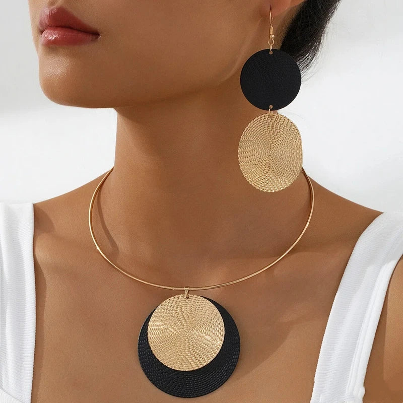3pc/set Large Round Earrings Collar Necklace Set for Women Exaggerated PU Rope Chains Metal Geometric Pendant Necklace Jewelry TAVEN System LLC