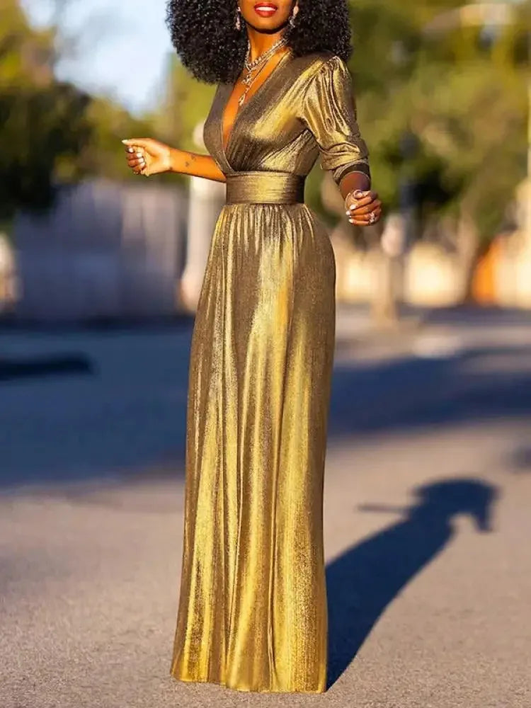Uoozee Female Fashion Sexy Deep V-neck High Waisted Wide Leg Jumpsuits 2025 New Long Sleeves Solid Color Loose Party Outfits TAVEN System LLC