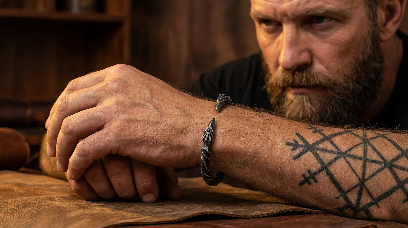 Stainless Steel Nordic Viking Norse Raven Bracelet Men Wristband Cuff Bracelets with viking wooden box TAVEN System LLC