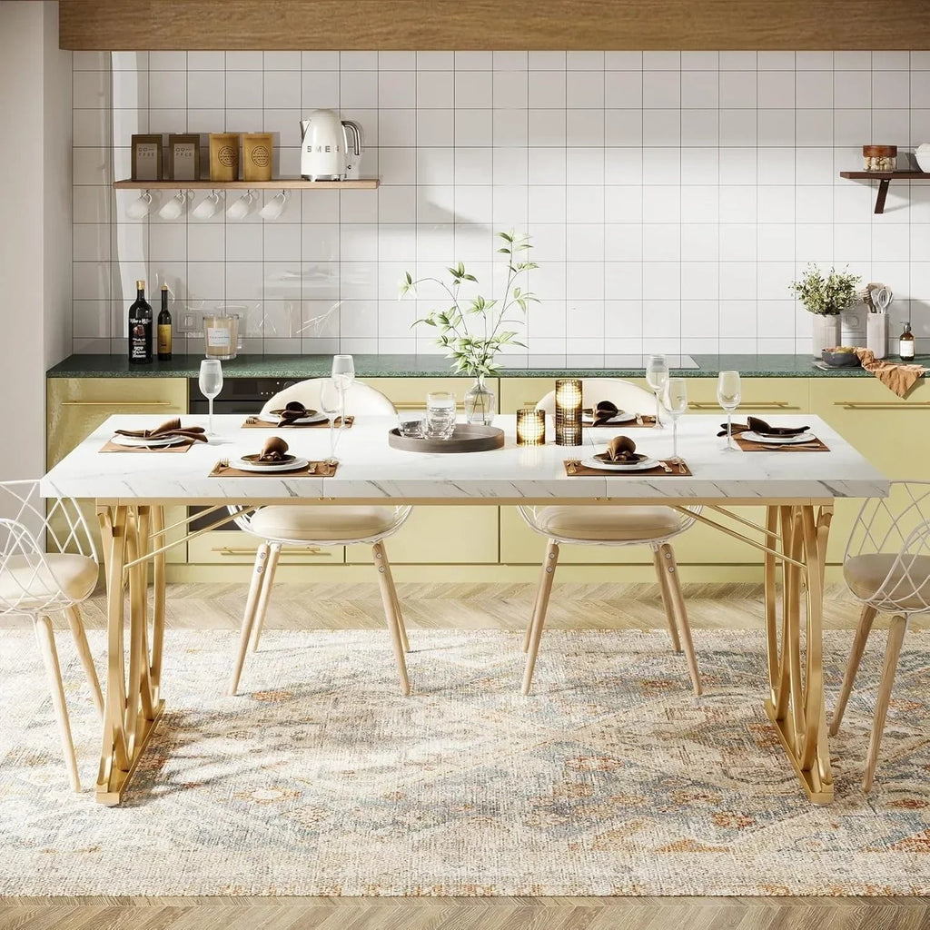 Modern Faux Marble Dining Table with Gold Metal Legs 63 Inch TAVEN System LLC