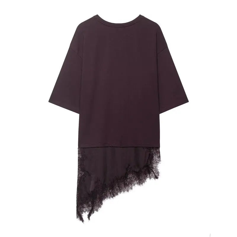 Women Asymmetric Lace Trim T-Shirt Loose Casual Summer Half Sleeve TAVEN System LLC