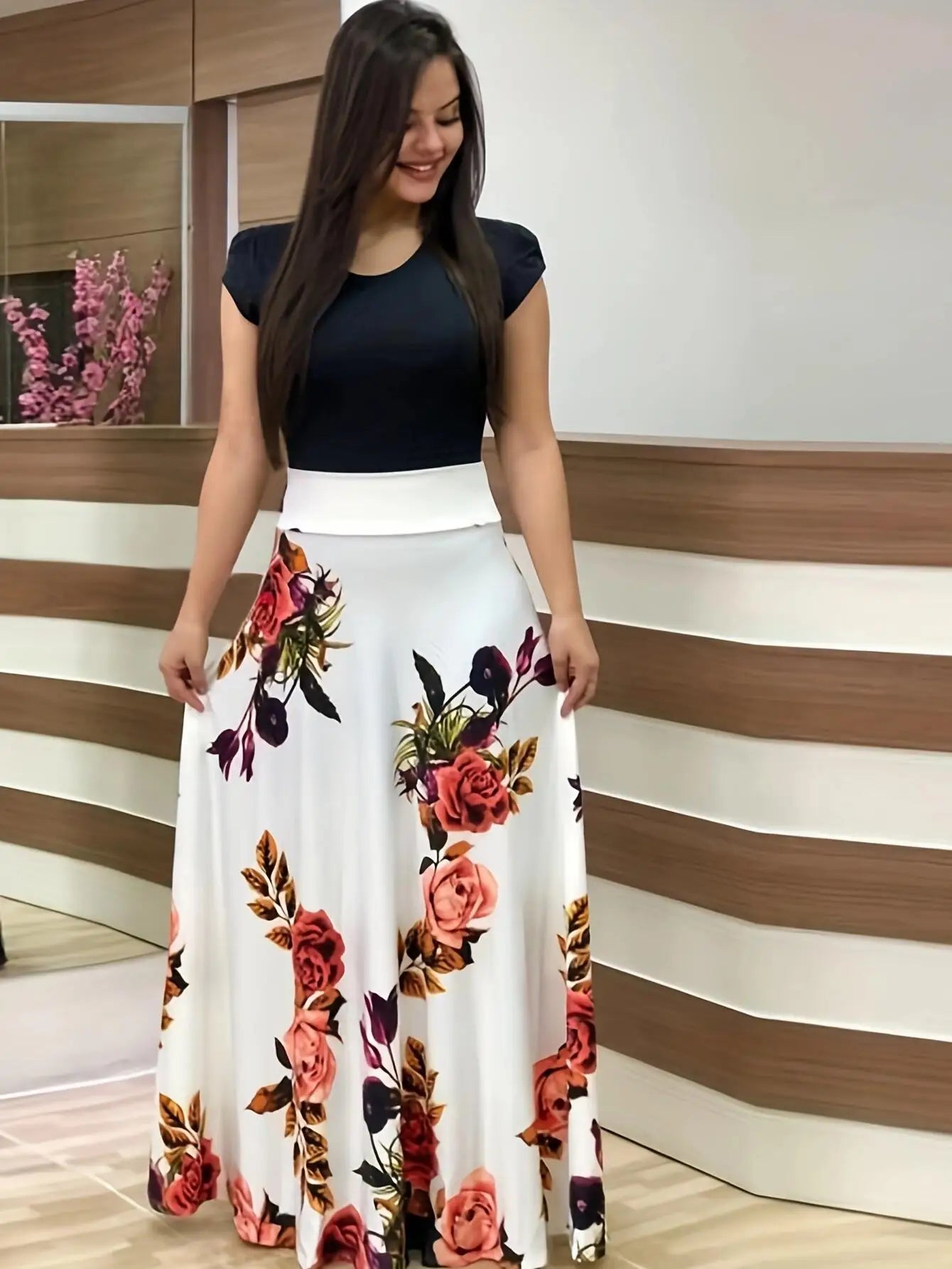 2024 European and American style flower print color matching short sleeved dress for women's large swing skirt TAVEN System LLC