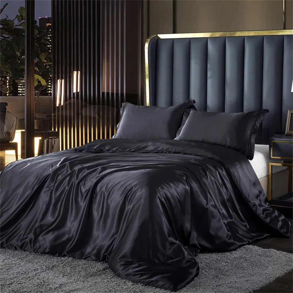 Solid Silk Bedding Set with Duvet Cover Bed Sheet Pillowcases Luxury Satin Single Double Bedsheet King Queen Twin Size TAVEN System LLC