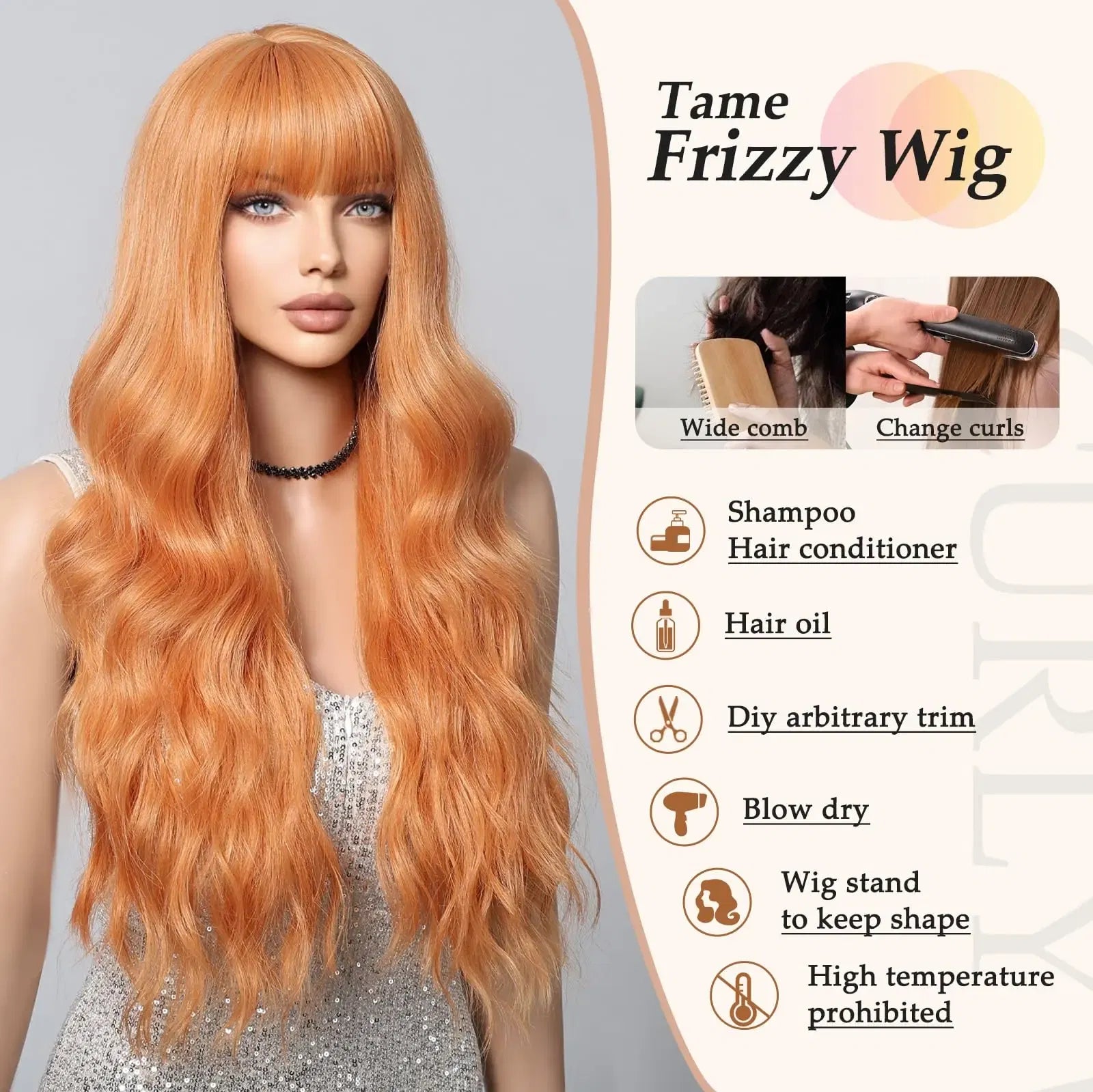 Color: T1B/27 - Orange synthetic wig with big waves for party, Halloween cosplay, daily use wig, high-temperature hair accessory Taven