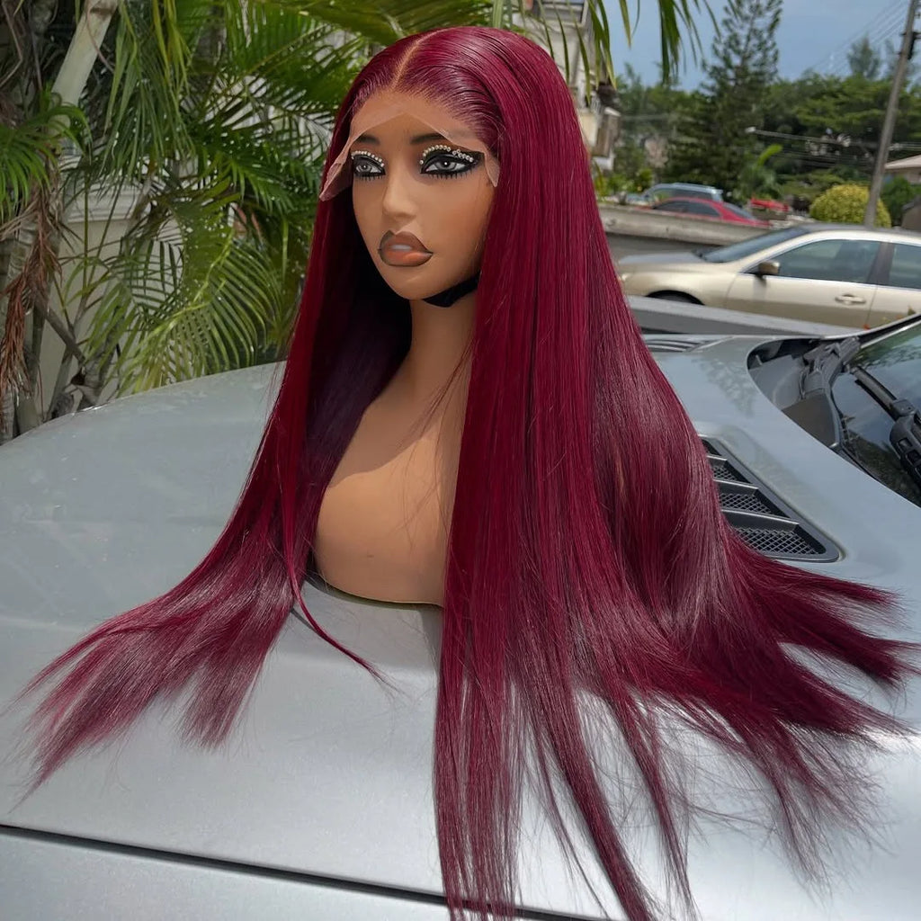 Straight 99J Burgundy Red Color Synthetic 13X4X1 HD Full Lace Frontal Wig For Women Prepucked Baby Hair Glueless Wig Daily Party