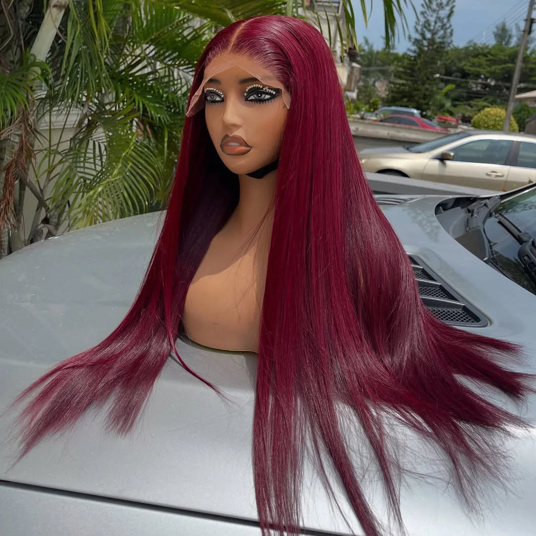 Straight 99J Burgundy Red Color Synthetic 13X4X1 HD Full Lace Frontal Wig For Women Prepucked Baby Hair Glueless Wig Daily Party