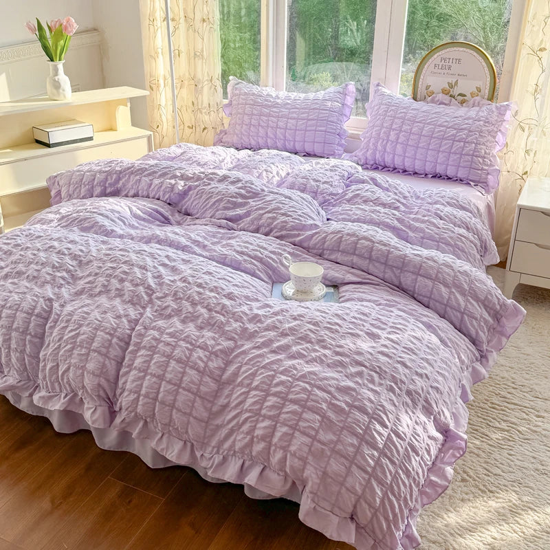 Korean Princess Style Lace Ruffles Bedding Set Skin-friendly Soft Seersucker Duvet Cover Set Bed Sheet Or Bed Skirt Pillowcases TAVEN System LLC