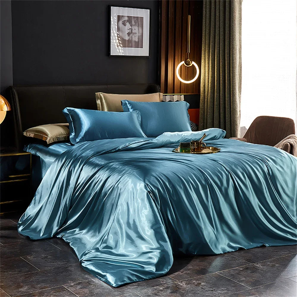 Solid Silk Bedding Set with Duvet Cover Bed Sheet Pillowcases Luxury Satin Single Double Bedsheet King Queen Twin Size TAVEN System LLC