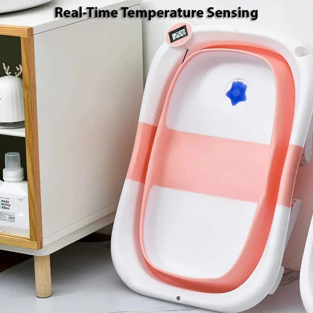 Foldable Baby Bath Tub with Bath Cushion Infant Tub with Thermometer Non-Slip Collapsible Baby Bathtub Newborn to Toddler TAVEN System LLC