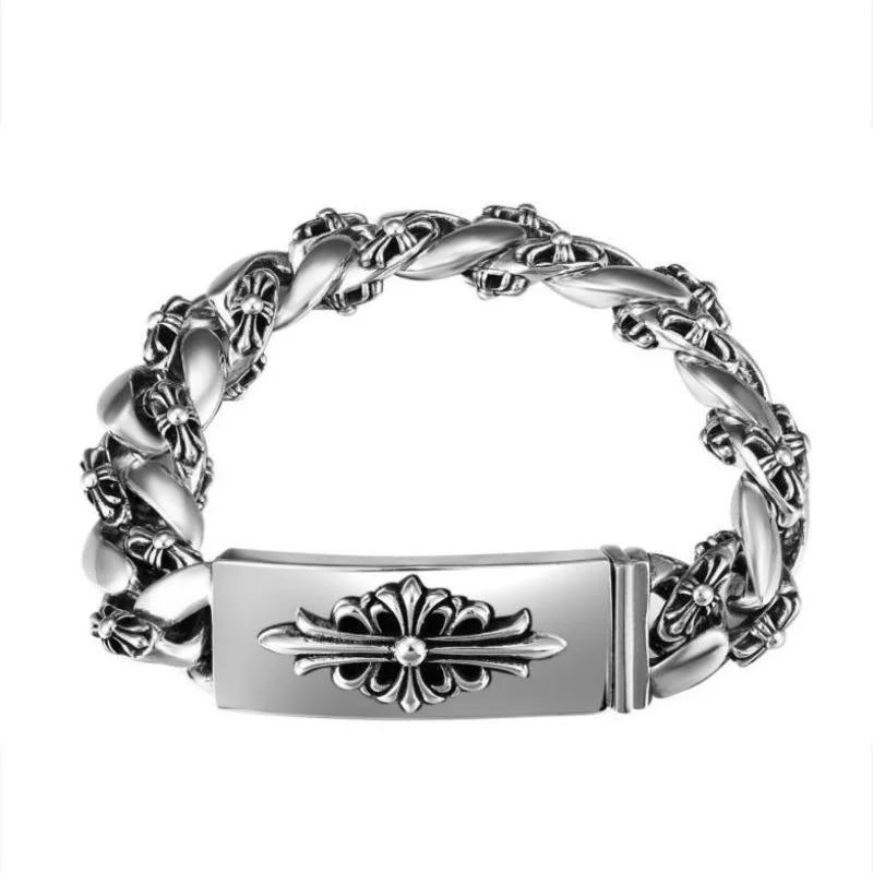 Vintage Silver Cross Flower Braided Chain Bracelet: Gothic Statement Jewelry TAVEN System LLC