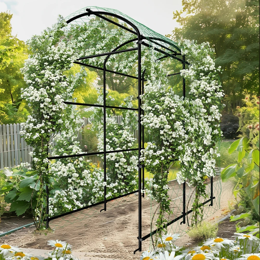 U shaped metal garden trellis with netting for climbing plants