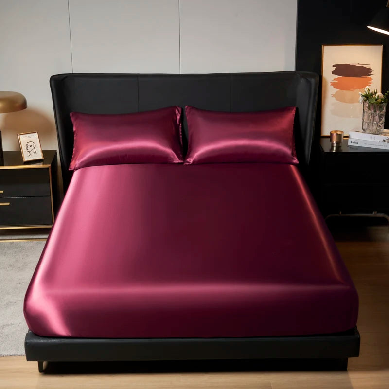 1/3Pc Satin Fitted Sheet Solid Colour Single Twin Full Queen King Ice Silk Mattress Cover Natural With Elastic Band Bed Sheet TAVEN System LLC
