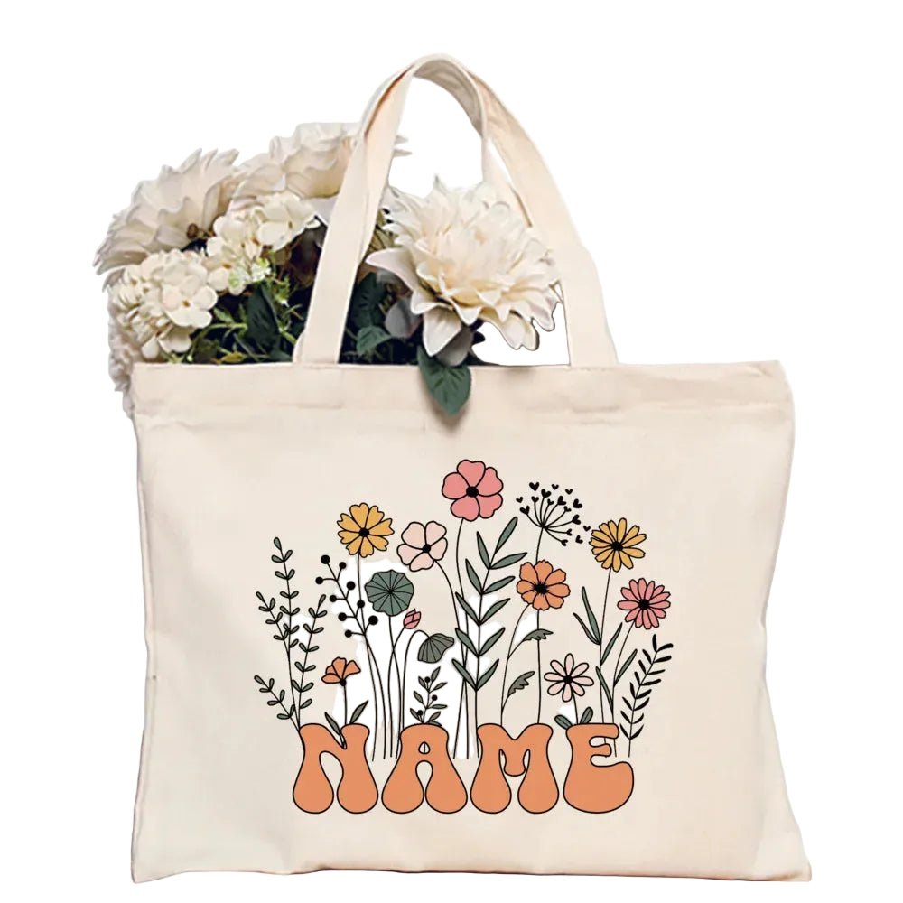 Personalized Flower Name Canvas Tote Bag Women Shoulder Shopper TAVEN System LLC
