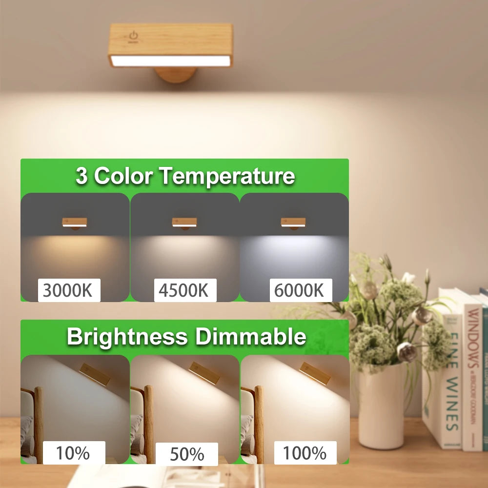 360° Rotatable Solid Beech Wood LED Wall Lamp with Remote Control, 3 Color Modes Type-C Rechargeable Magnetic Wall Sconce, Portable Dimmable Reading Light for Bedside Mirror Bathroom TAVEN System LLC