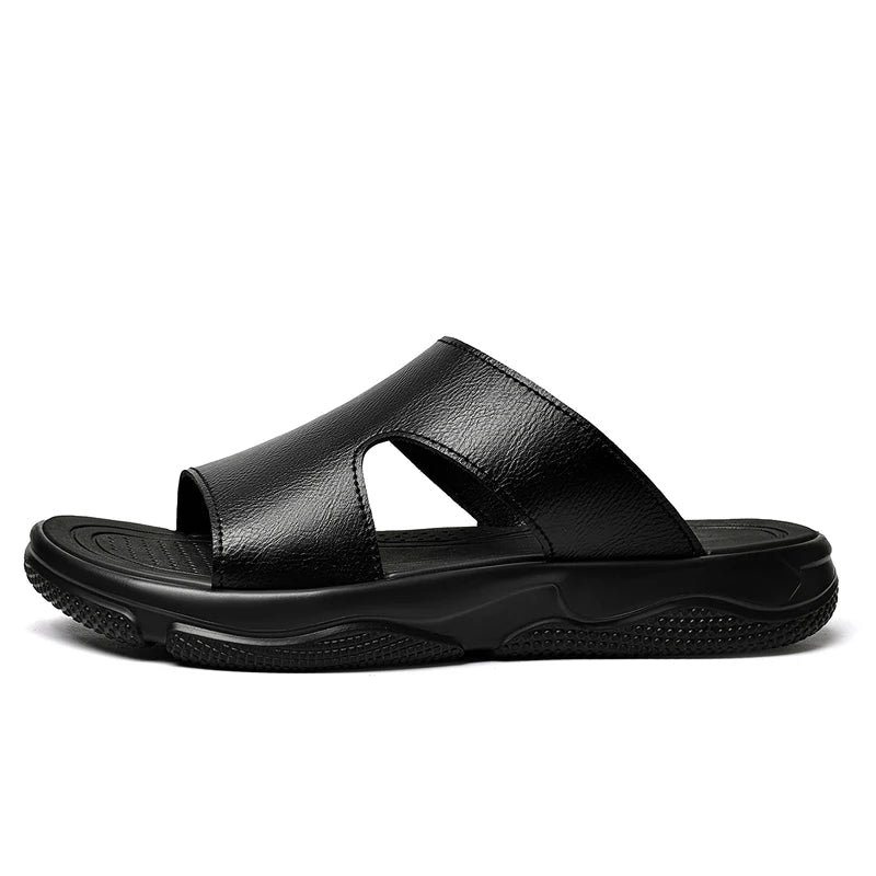 Men's Leather Slide Sandals Non-slip Thick Sole Casual Slippers Summer Outdoor Beach Shoes Breathable Lightweight Footwear TAVEN System LLC