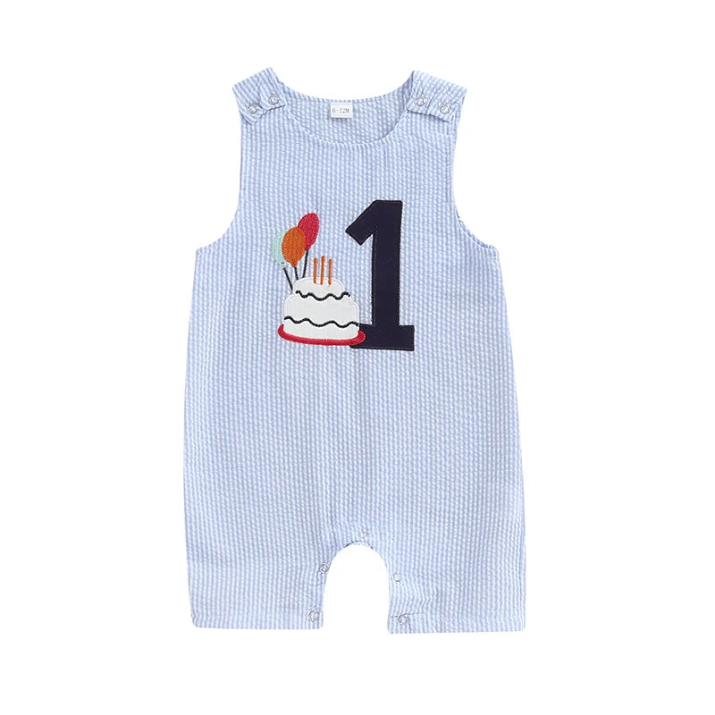 Baby Boy Striped Birthday Overalls with Cake Embroidery Outfit