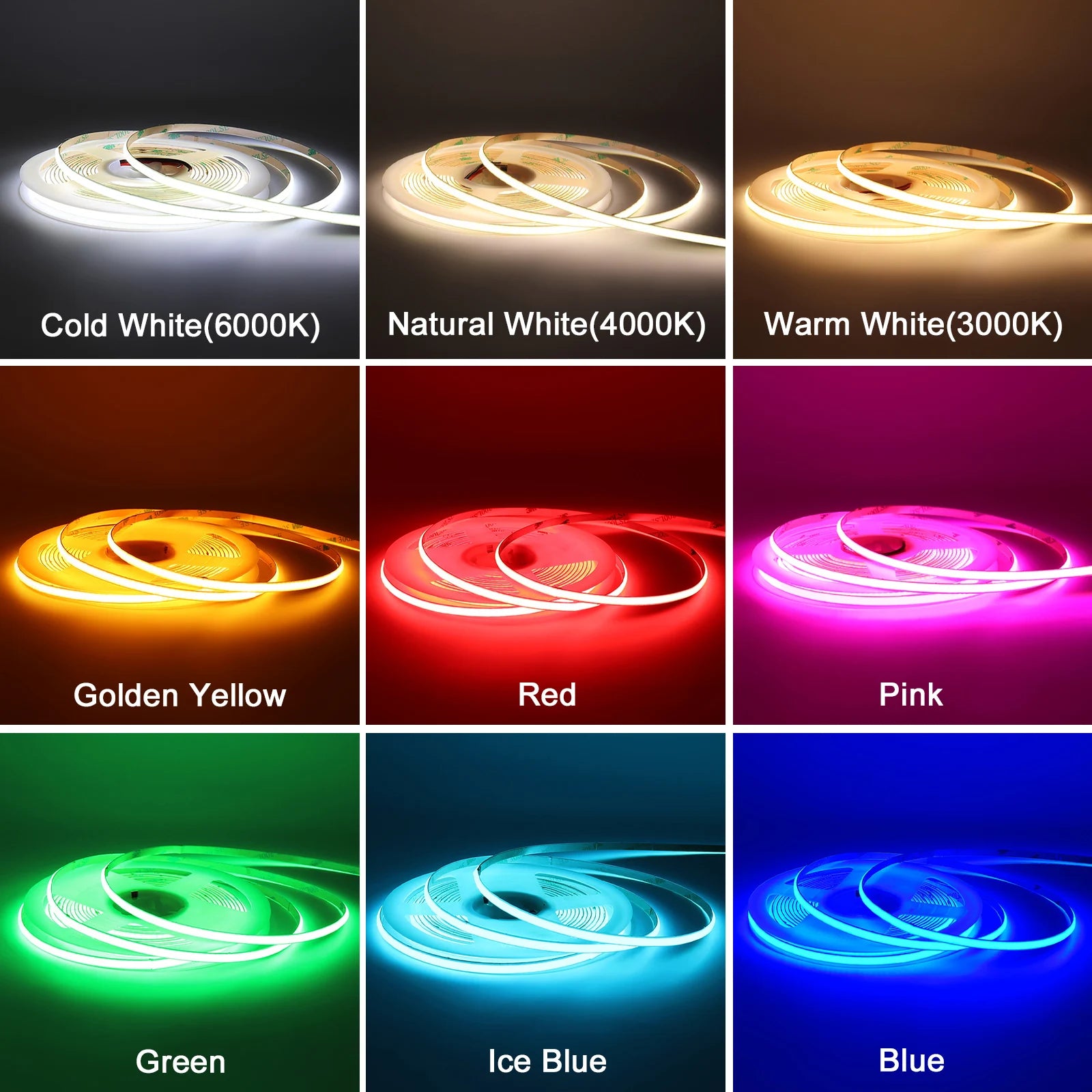 3mm 5mm 8mm COB LED Strip 12V 24V Dimmable Tape LED Ice Blue Yellow Red Green Pink White For Home Decor RA90 LED Strip Lighting TAVEN System LLC