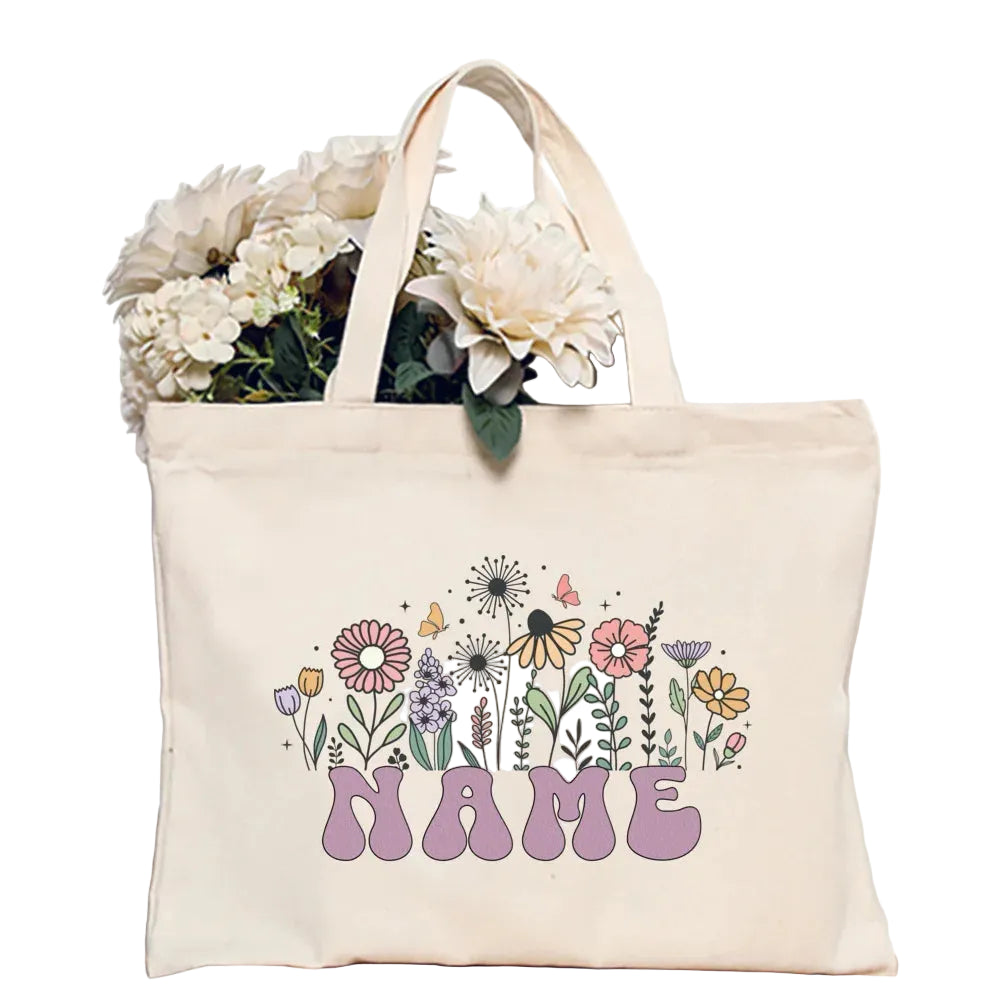 Personalized Flower Name Canvas Tote Bag Women Shoulder Shopper TAVEN System LLC