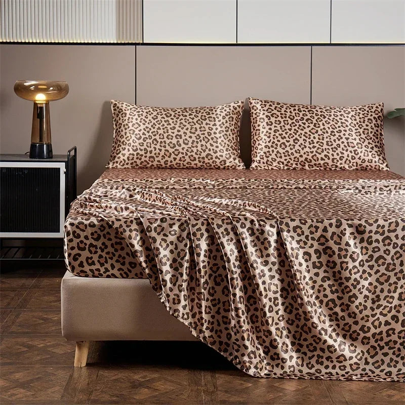 New Satin Fabric Leopard Print Bed Sheet Set Queen High-end Fitted Sheet Flat Sheet Pillowcase Bed Set King Size Bedsheet Sets TAVEN System LLC