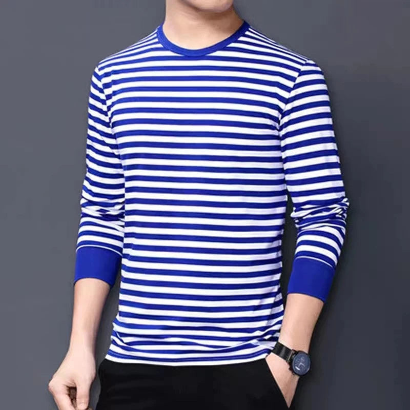Men Striped Long Sleeve Sailor T-Shirt Retro Navy Round Neck Top