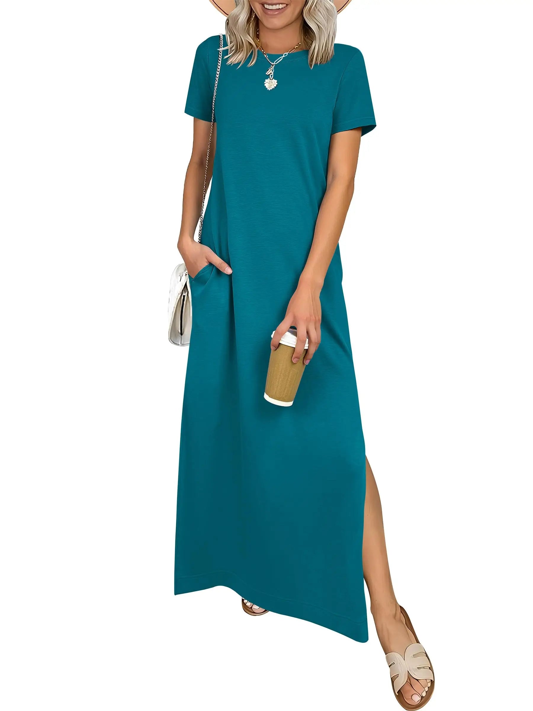 Women Short Sleeve Maxi Dress Crew Neck Side Split Casual Loose Dress