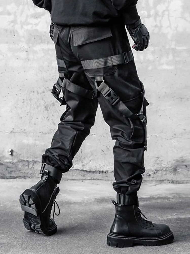 Men Hip Hop Punk Cargo Pants Techwear Ribbon Tactical Casual Pants TAVEN System LLC
